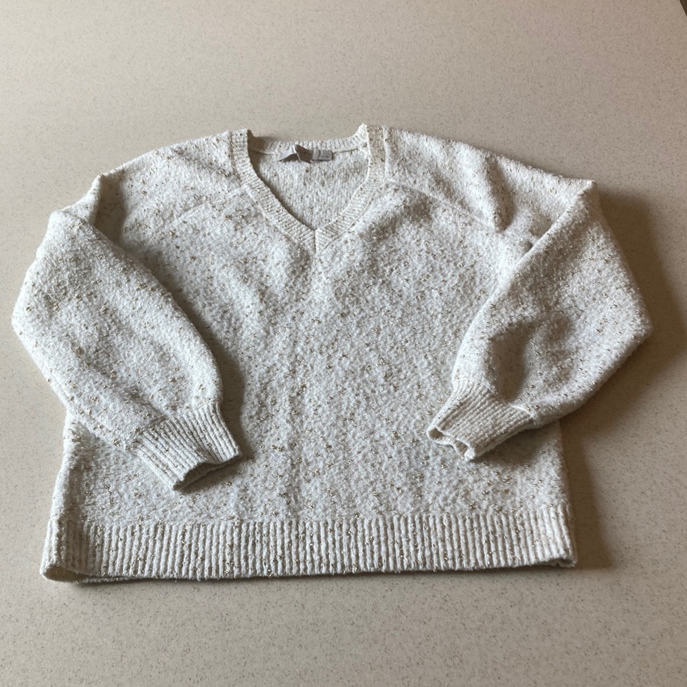 LOFT Cream with Gold Flecked V-Neck Sweater Women Size Small Petite - Picture 8 of 9
